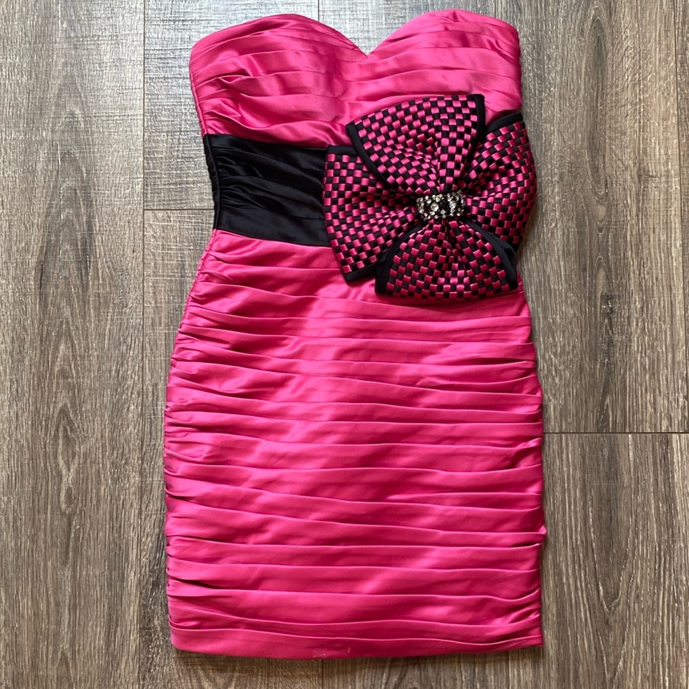 Terani Couture hot pink black rhinestone big bow mini dress, sz 0